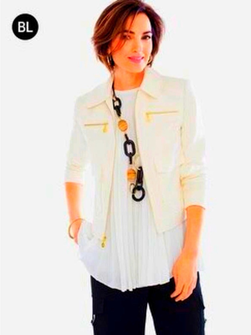 Chico's Black Label Cream Zip-Front Jacket with Gold Accents